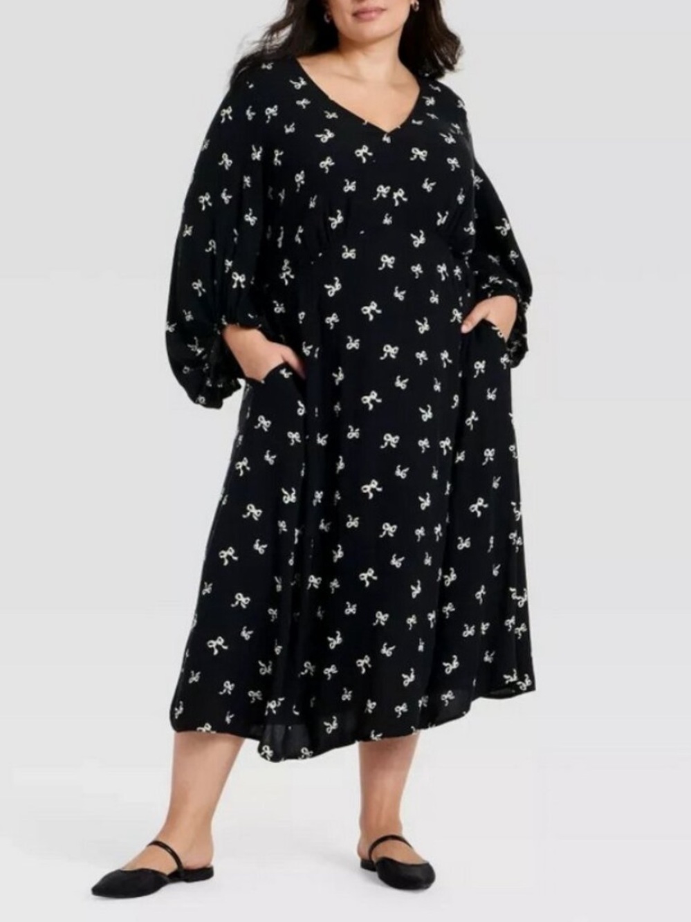 Ava & Viv plus size midi dress black ivory neutrals coquette bow print 1X (18)